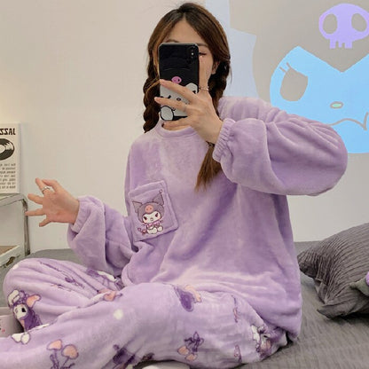 Sanrio Kawaii Pochacco Women Winter Warm Flannel Pajamas Thick Coral Velvet Long Sleeve Cartoon Sleepwear Kawaii Home Suit Coat