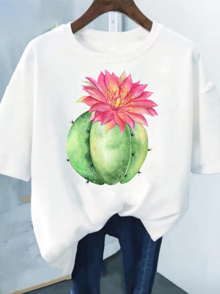 Flower Print Fashion Plant Trend Lovely Style Short Sleeve Women Graphic Tee Summer T Clothing Female Clothes Casual T-shirts