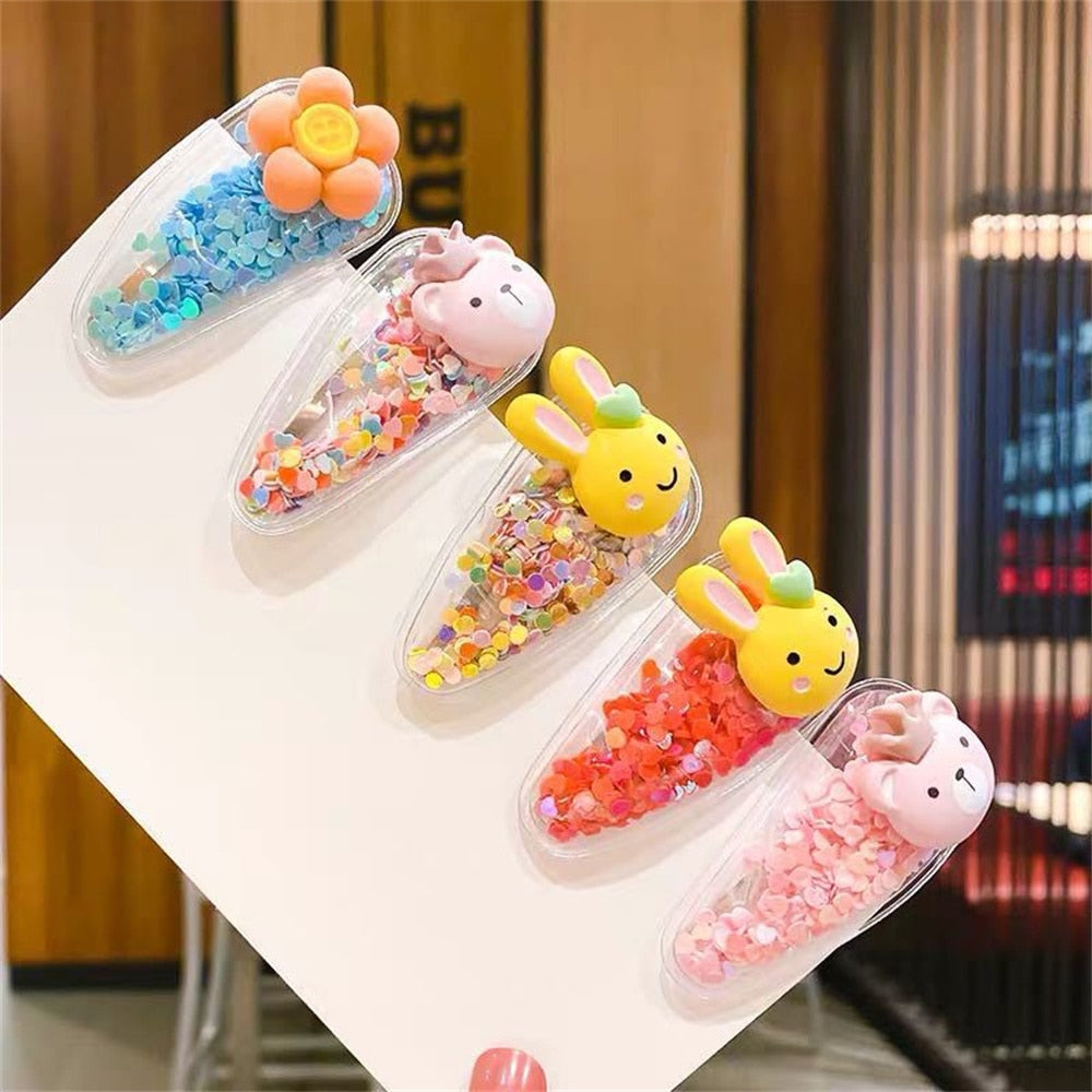 5pcs/Set Cute Fruit Quicksand Sequins Snap BB Clips Children Cartoon Rainbow Animal Bangs Hairpin Side Barrettes