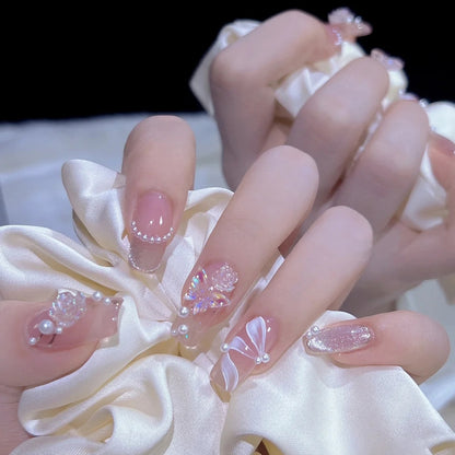 24pcs Wearable Pink Press On Fake Nails Tips With Glue false nails design Butterfly Lovely Girl false nails With Wearing Tools