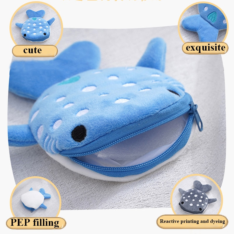 Kawaii Whale Shark Plush Makeup Bag Cute Kawaii Wallet Stuffed Animal Plushie Blue Small Coin Purse Zipper Womens Girls Change Key Credit Cards Earphone Pouch