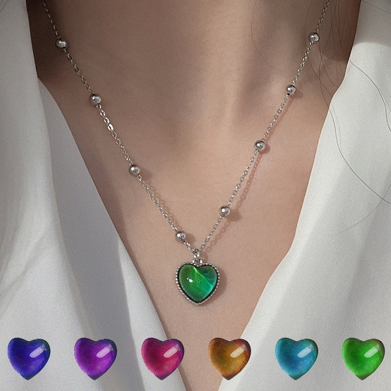 GUFTM New Creative Mood Necklace Color Change Emotion Feeling Temperature Control Heart Pendant Metal Chain Jewelry for Girl
