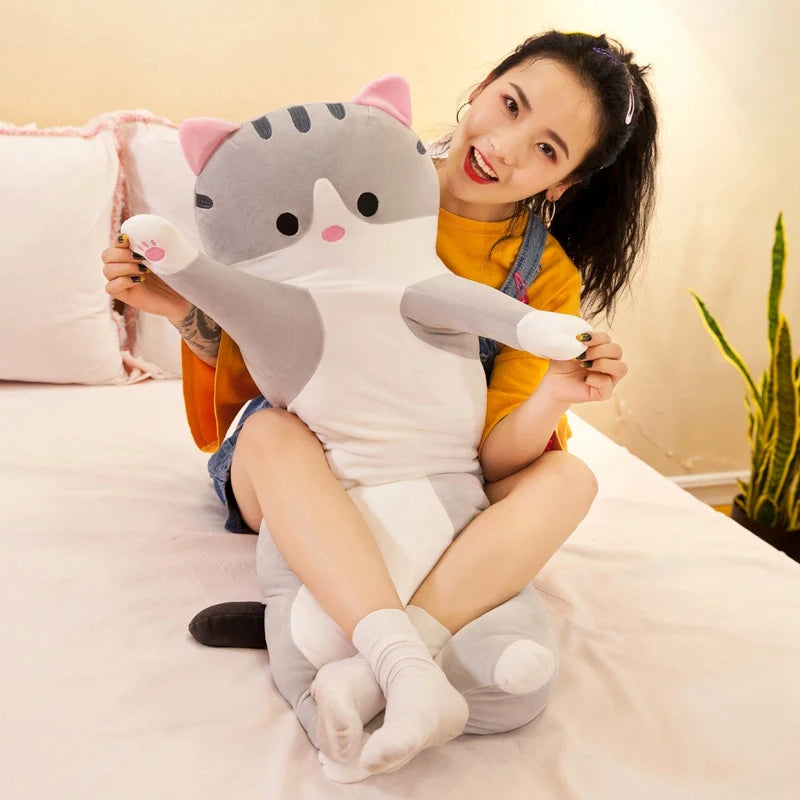 Long Cat Pillow Plush 50cm Squishy Kitten Stuffed Animal Cushion Plushies Kawaii Soft Doll Toy Kitty Body Peluche Pelucia Sleeping Bed Sofa Kids Gift