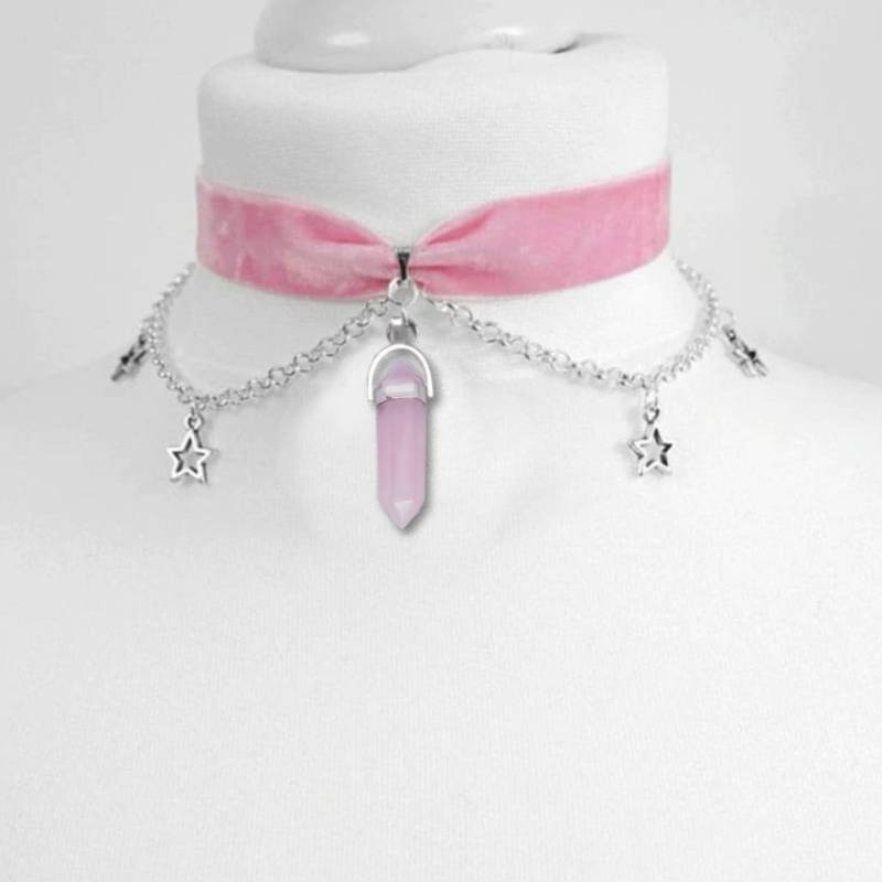 Velvet moon  stars choker Moon And Stars Chain Choker Kawaii Pastel Pink Velvet Chain fashion delicacy women