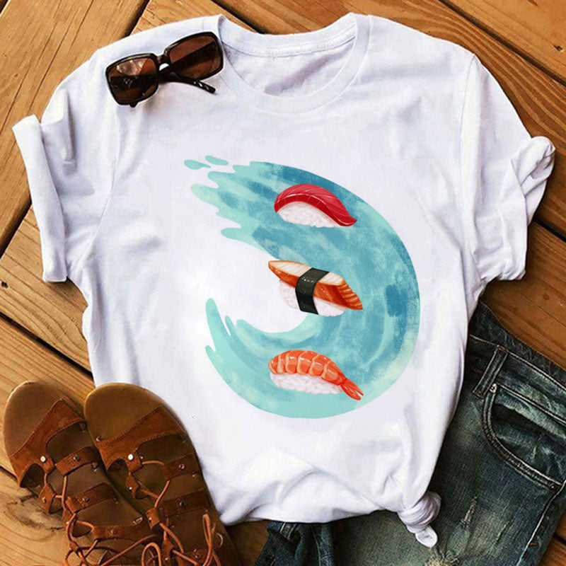 Women Black T-shirts Summer Cute Sushi hug Short Sleeve Tees shirt Femme Summer O-Nock Kawaii Clothing Tops Ladies T shirt