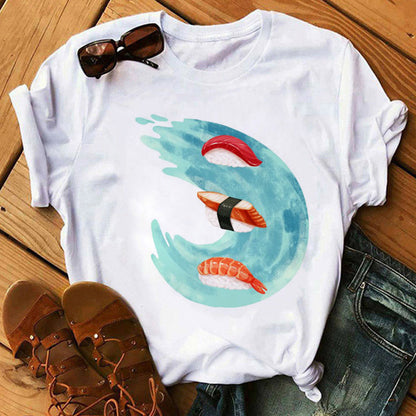 Women Black T-shirts Summer Cute Sushi hug Short Sleeve Tees shirt Femme Summer O-Nock Kawaii Clothing Tops Ladies T shirt