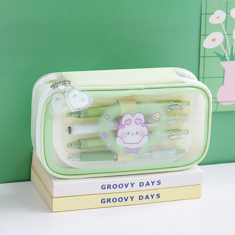 Cute Cartoon Bear Large Capacity Pencil Case Transparent Multi Layered Pencil Bag Stationery Storage Bag Box School Supplies