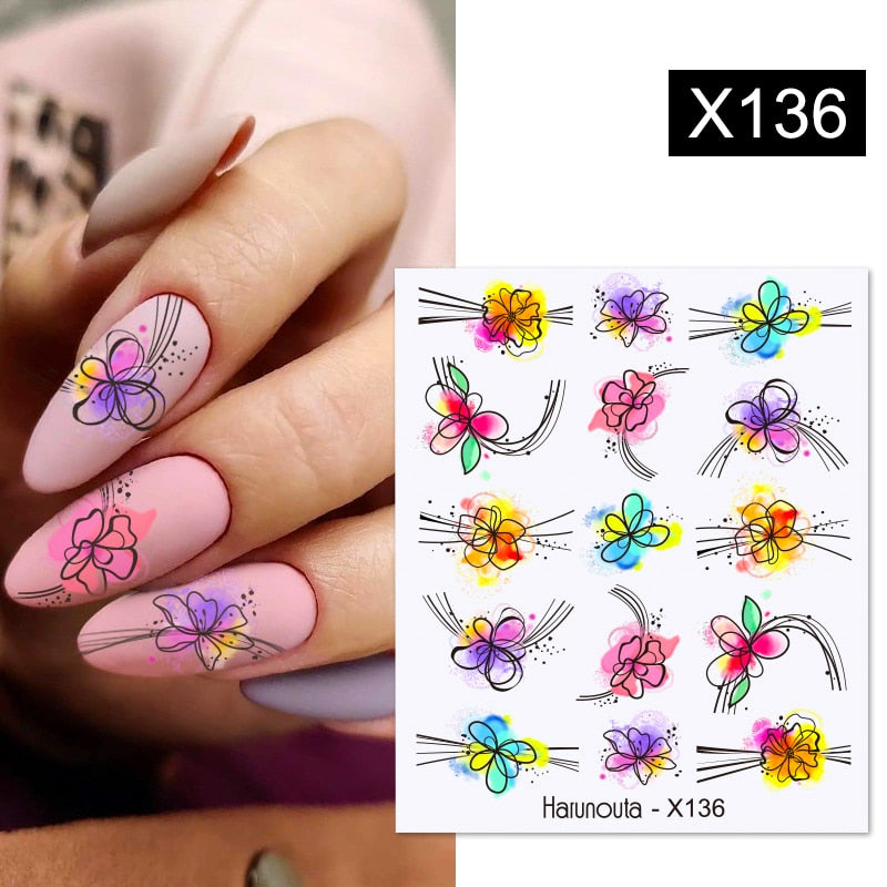 Harunouta Black Lines Flower Leaves Water Decals Stickers Floral Face Marble Pattern Slider For Nails Summer Nail Art Decoration