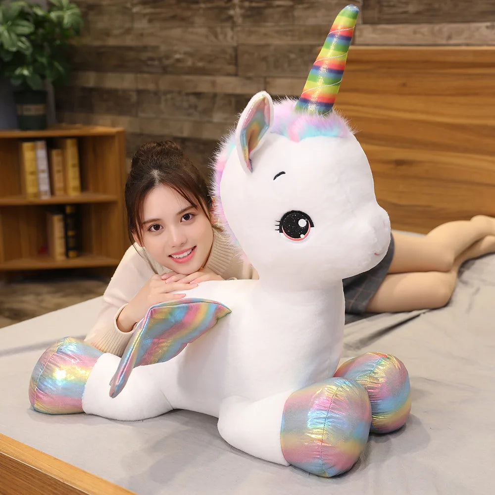 Unicorn Plush Toy Huggable Pony Stuffed Animal Soft Doll Plushie Cute Rainbow Horn White Pink Horse Home Decor Sleeping Pillow For Kids