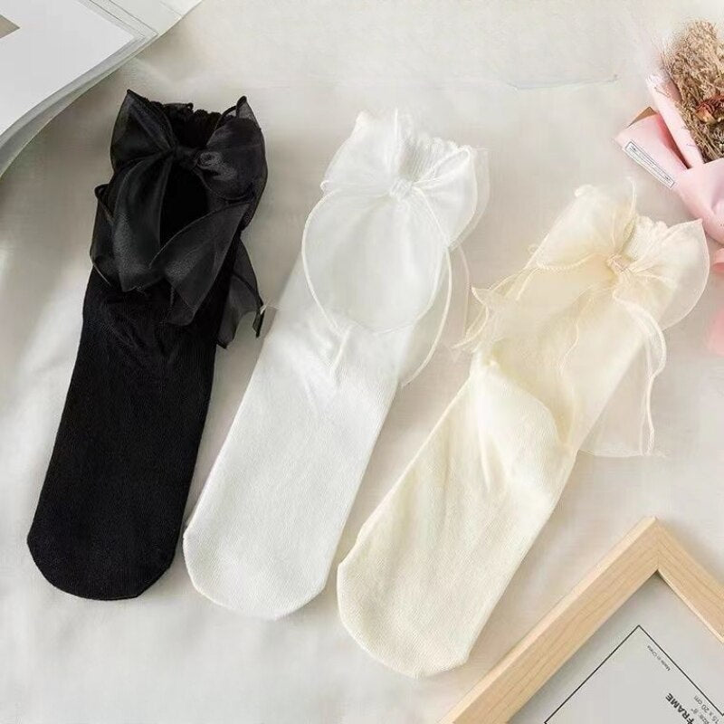 Ribbon Bow Socks Girls Soft White Lace Lolita Socks Women's Mid-Calf Cute Ruffle Frilly Ankle Socks Japanese Style Dress Hosiery