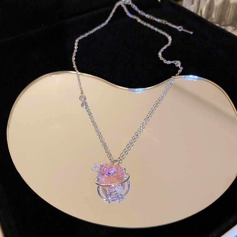 Fashion Pink Planet Heart Zircon Necklace Women Charm Aesthetic Clavicle Chain Necklace Valentines Day Gift Party Jewelry