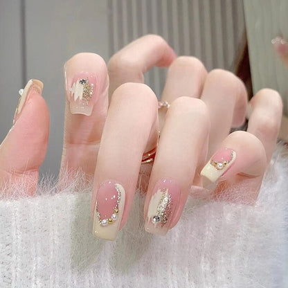 24Pcs Pink Ballet False Nails Long Coffin with Rhinestone Love Heart Wearable Fake Nails Full Cover Press on Nails Tips Glitter