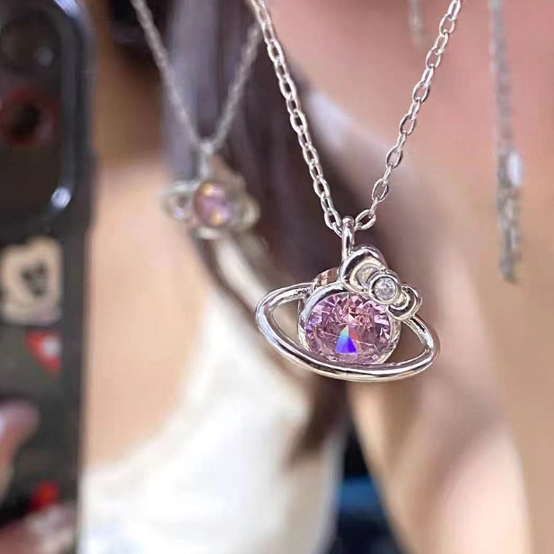 Fashion Pink Planet Heart Zircon Necklace Women Charm Aesthetic Clavicle Chain Necklace Valentines Day Gift Party Jewelry