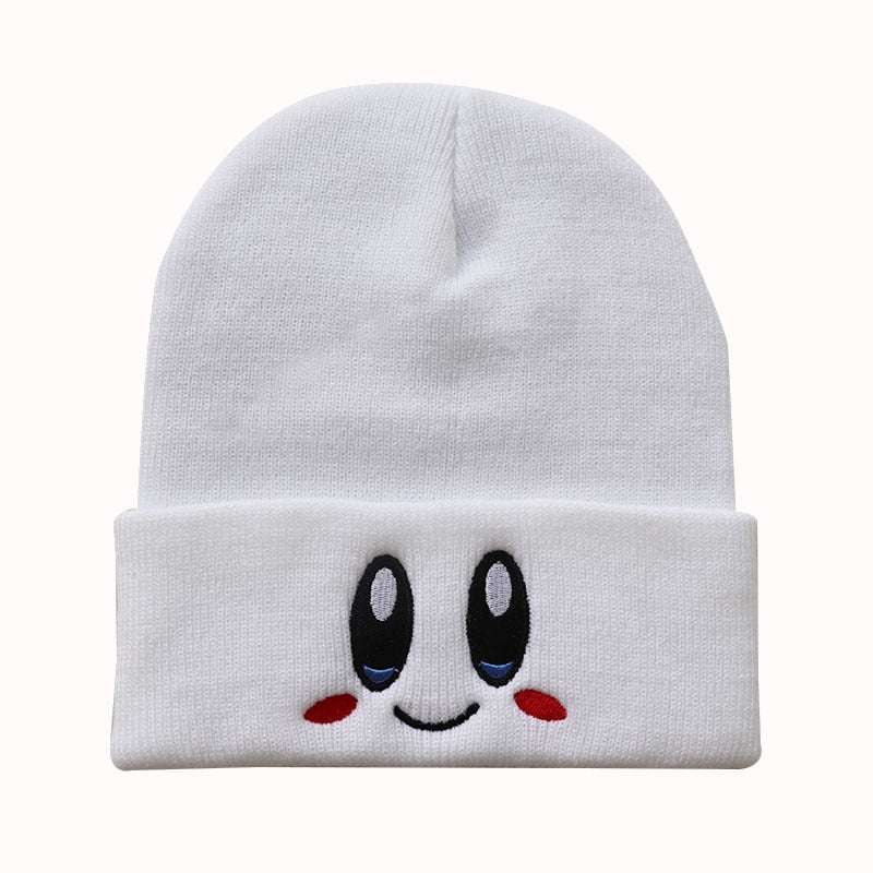 Kirby Winter Cute Smiley Eye Embroidered Knit Cap Stretch Cartoon Beanie Women's Preppy Hood Hipster  Student Warm Headwear