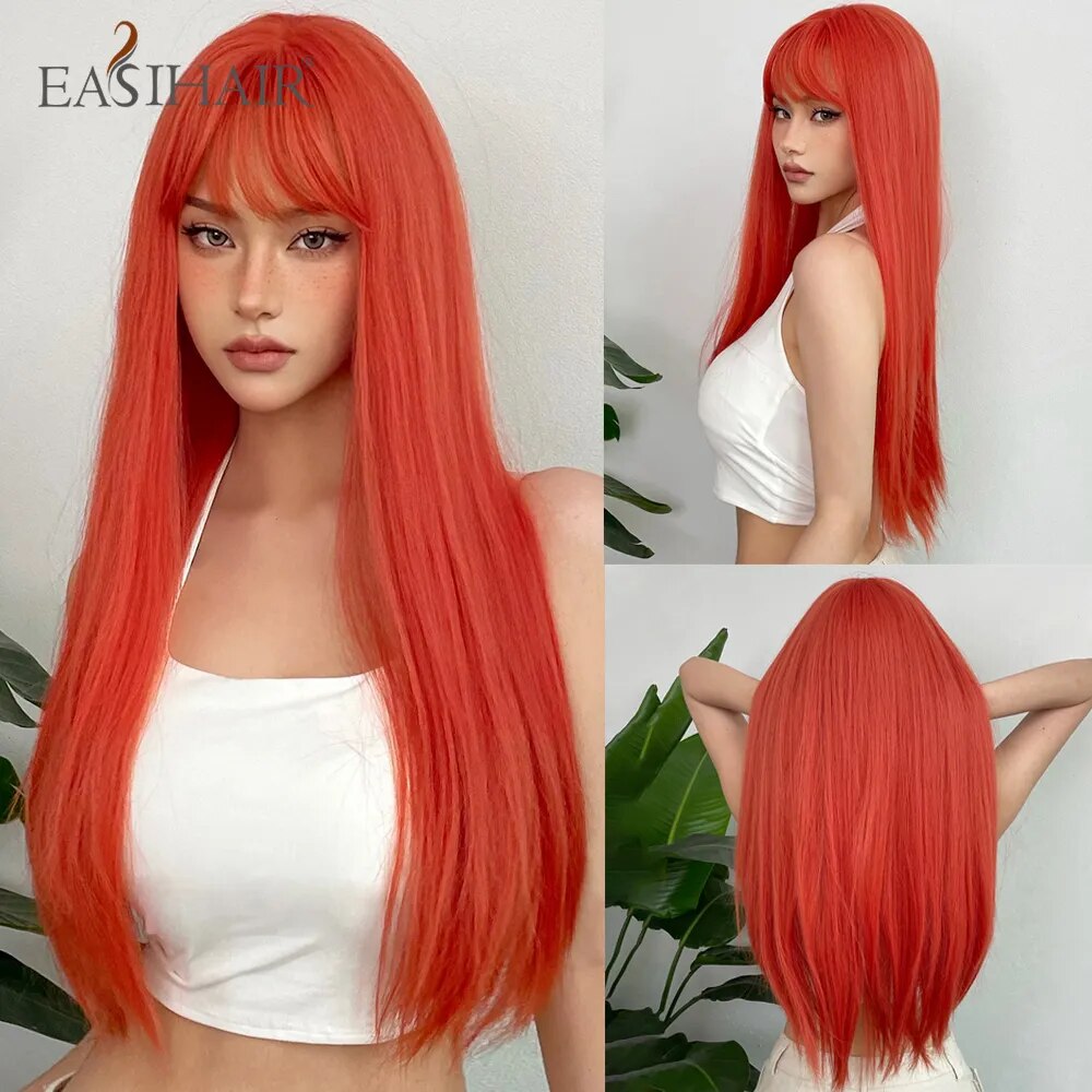 EASIHAIR Blonde Golden Long Straight Synthetic Wigs with Bangs Beige Lolita Hairs Wig for Women Daily Party Heat Resistant Fiber