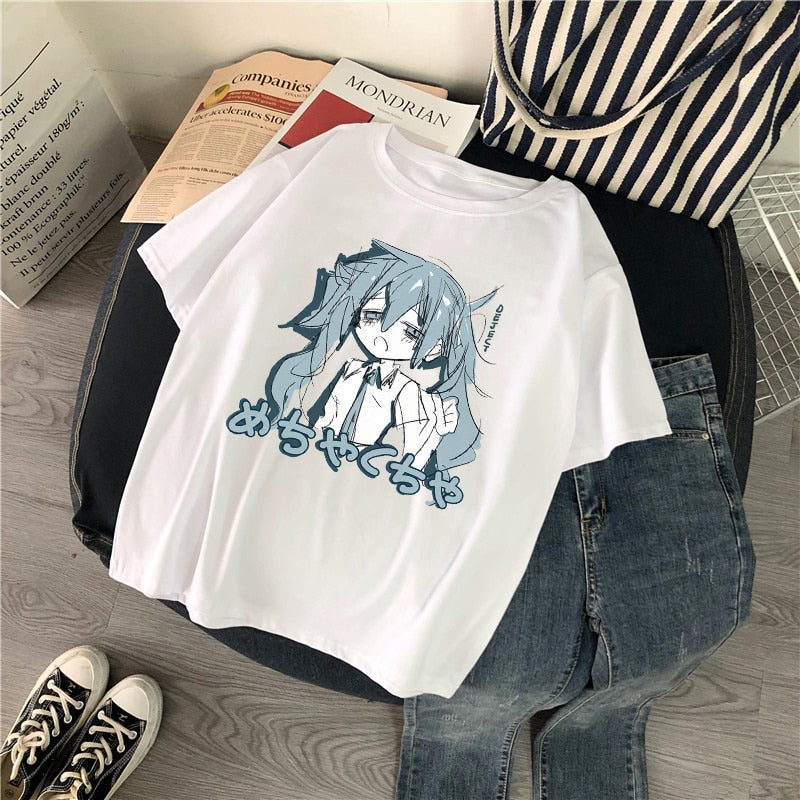 Manga Character Anime Print Harajuku Korean Top Women T-shirt Casual ladies basic O-collar Black White Short Sleeved Tshirt Girl