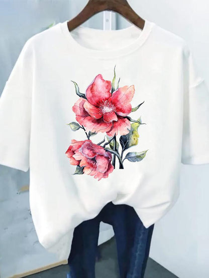 Flower Print Fashion Plant Trend Lovely Style Short Sleeve Women Graphic Tee Summer T Clothing Female Clothes Casual T-shirts