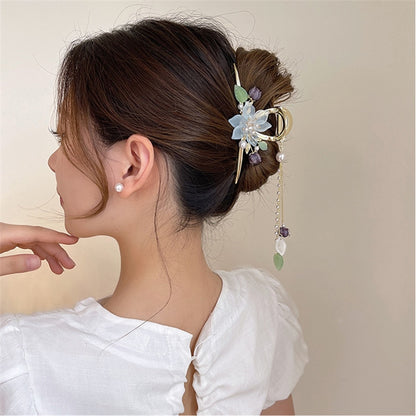 New Classical Orchid Pearl Tassel Grab Clip Ladies Ponytail Clip Flower Shark Clip Girl Elegant Headwear Accessories