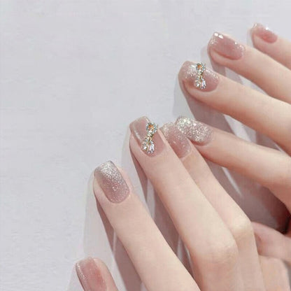 24Pcs Pink Ballet False Nails Long Coffin with Rhinestone Love Heart Wearable Fake Nails Full Cover Press on Nails Tips Glitter