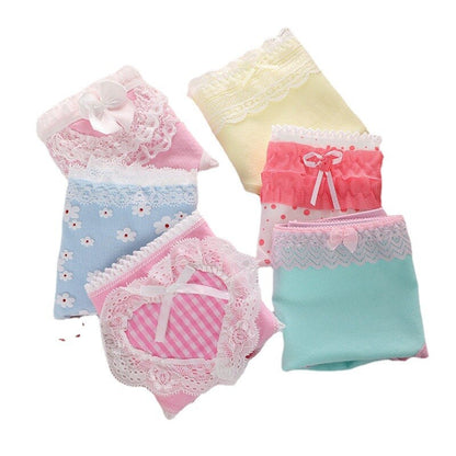 New Japanese Cute Small Flower Plaid Bowknot Girl's Mid-waist Underwear Kawaii Lace Hem Women's Seamless Briefs