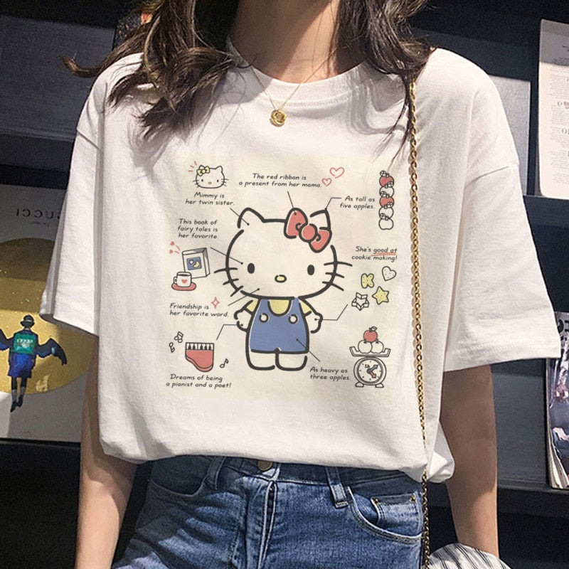 Kawaii Sanrio Short Sleeve Kuromi Cinnamoroll My Melody Cute Cartoon Cotton Short Sleeve T-Shirt White Loose Top Gift