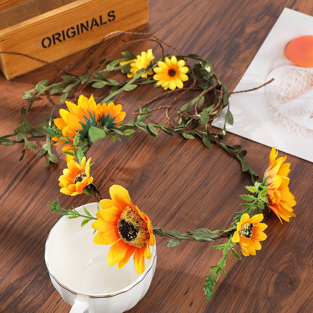 Bohemian Rattan Flower Vines Crown Headband for Bride Wedding Hair Accessories Girls Floral Wreath Head Band Hairstyles Headdres