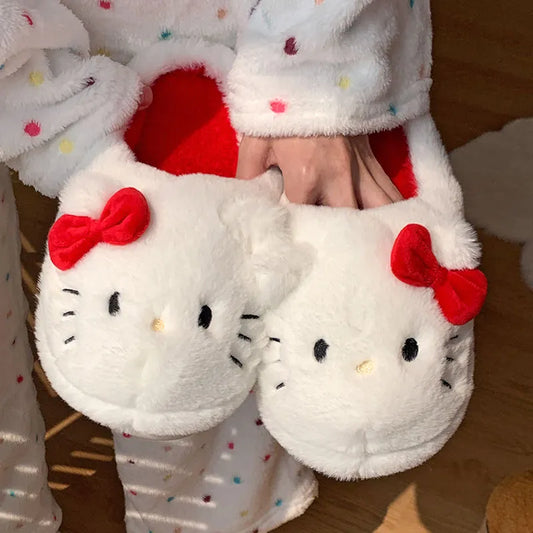 Hello Kitty Sanrio Plush Slippers Kawaii Cute Student Autumn Winter Bedroom Soft Padded Plush Shoes Toys Girls Christmas Gifts