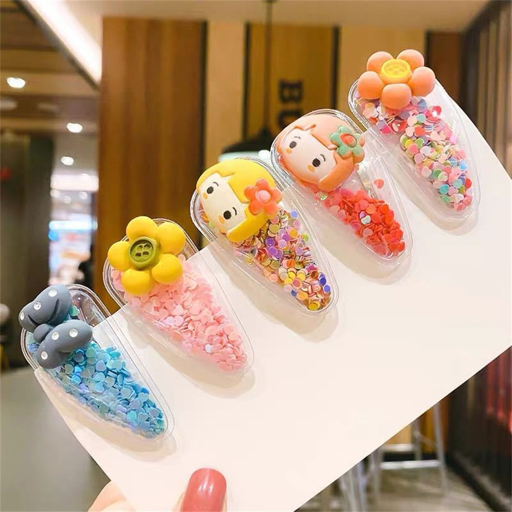 5pcs/Set Cute Fruit Quicksand Sequins Snap BB Clips Children Cartoon Rainbow Animal Bangs Hairpin Side Barrettes
