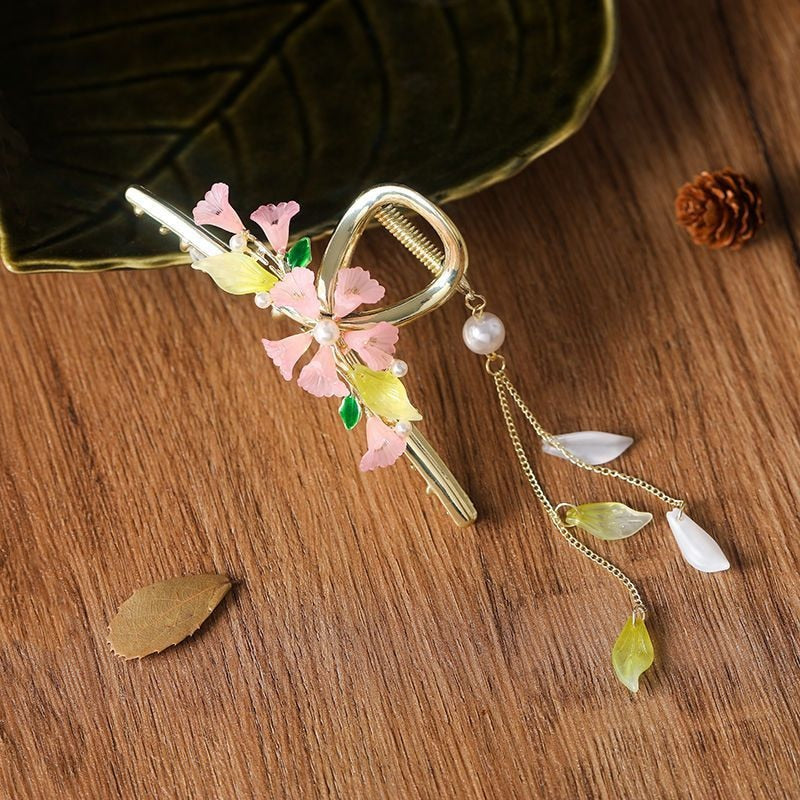 New Classical Orchid Pearl Tassel Grab Clip Ladies Ponytail Clip Flower Shark Clip Girl Elegant Headwear Accessories