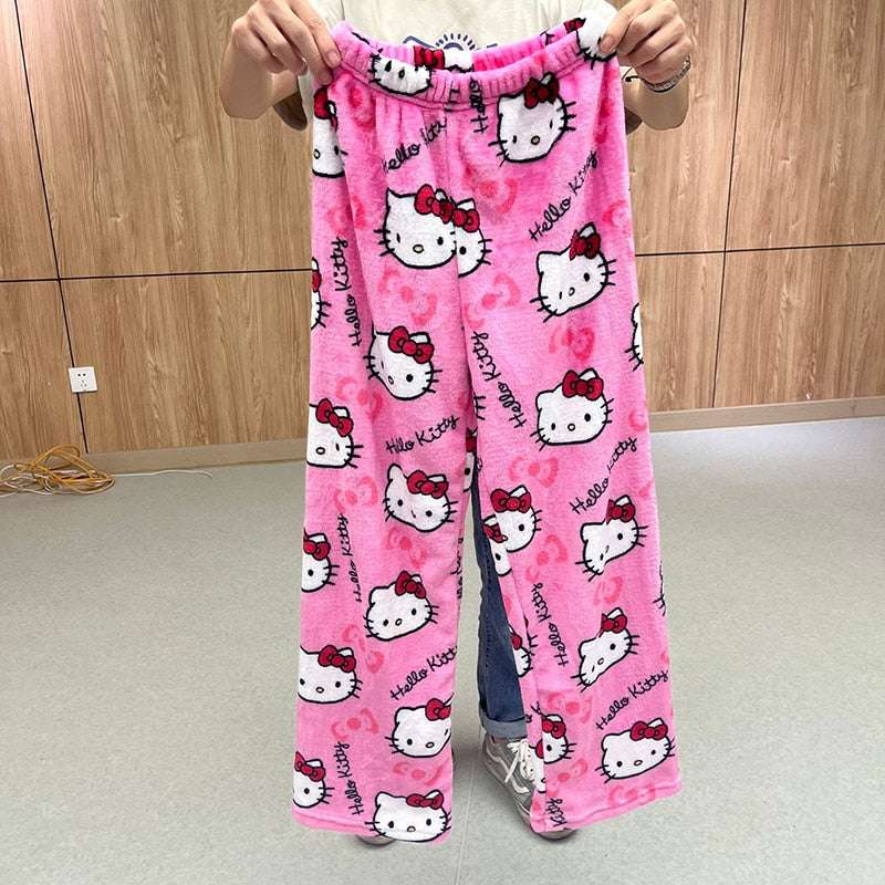 Anime Sanrio Hello Katie Pajamas Flannel Women Kawaii Wool Black and White Cartoon Float Home Pants Fall Fashion Pants New