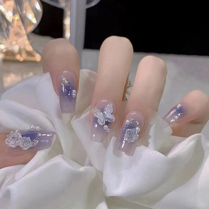 24Pcs Pink Ballet False Nails Long Coffin with Rhinestone Love Heart Wearable Fake Nails Full Cover Press on Nails Tips Glitter