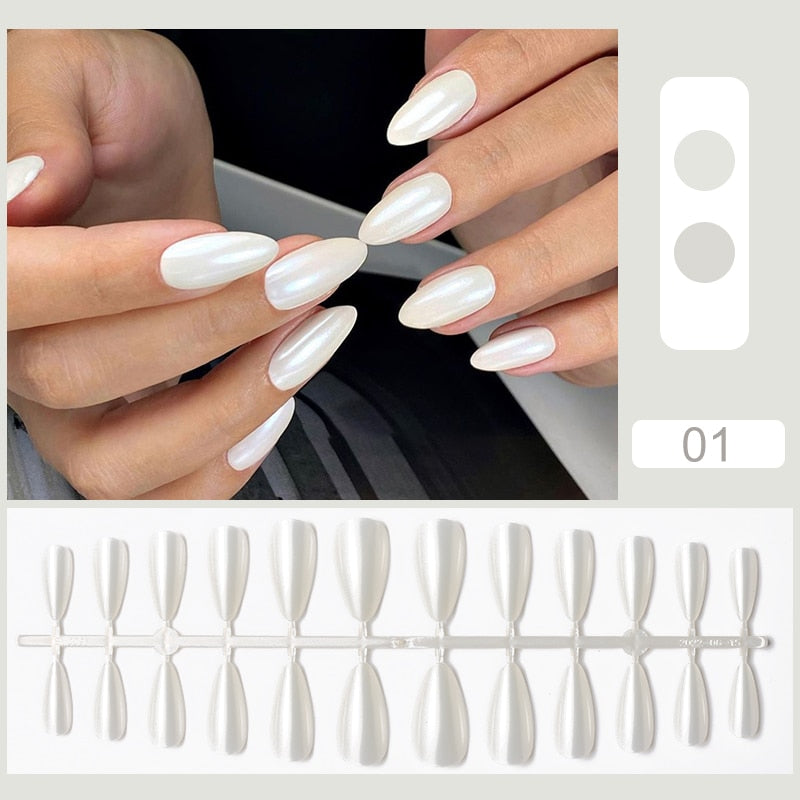 24pcs Sweet Summer Fake Nails Patches Pink Glitter Nude Press on Nails Women Wearable Nail Art Stickers Full Finished False Nail