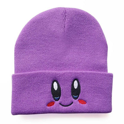 Kirby Winter Cute Smiley Eye Embroidered Knit Cap Stretch Cartoon Beanie Women's Preppy Hood Hipster  Student Warm Headwear