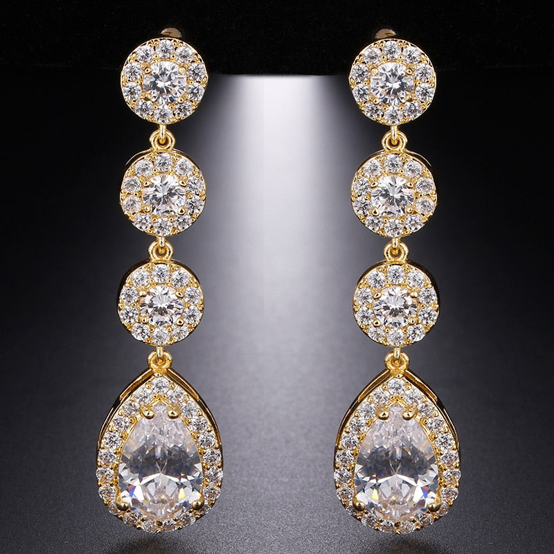 Luxury Zircon Wedding Long Dangle Earrings with Round Water Drop Elegant CZ Earrings for Women Bridal Wedding Jewelry Dress