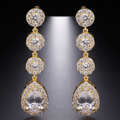 Luxury Zircon Wedding Long Dangle Earrings with Round Water Drop Elegant CZ Earrings for Women Bridal Wedding Jewelry Dress