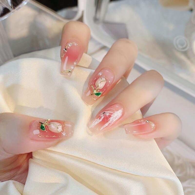 24Pcs Pink Ballet False Nails Long Coffin with Rhinestone Love Heart Wearable Fake Nails Full Cover Press on Nails Tips Glitter