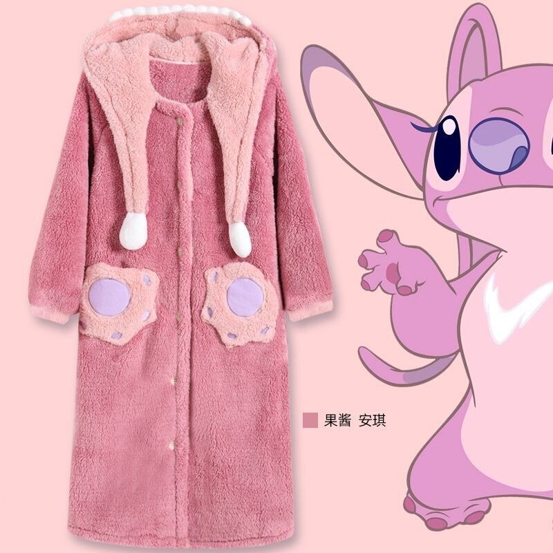 Lilo and Stitch Pajamas for Adults Disney Angel Blue Pink Hooded Couples PJs Cute Kawaii Fleece Robe Pants Set Womens Winter Warm Plush Sleepwear Female