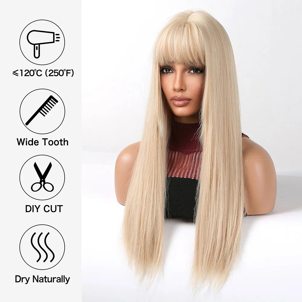 EASIHAIR Blonde Golden Long Straight Synthetic Wigs with Bangs Beige Lolita Hairs Wig for Women Daily Party Heat Resistant Fiber