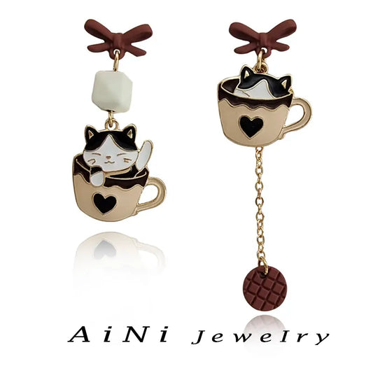 Fashion Jewelry 925 Silver Needle Cartoon Cup Little Cat Earrings Long Style Chains Asymmetrical Tassel Earrings For Women Girl