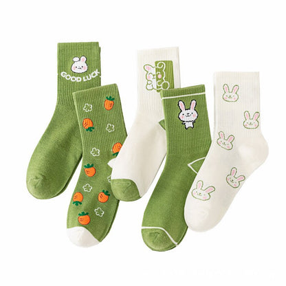 Cartoon Rabbit Carrot Green Women Socks Cute Fashion Funny Cotton Socks For Girls College Style Harajuku Kawaii Calcetines