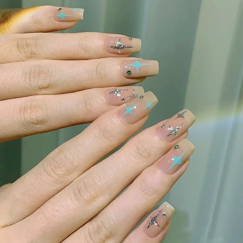 24pcs pink clouds design false nails with glue press on nails medium length acrylic nails coffin full cover nails tips supplies