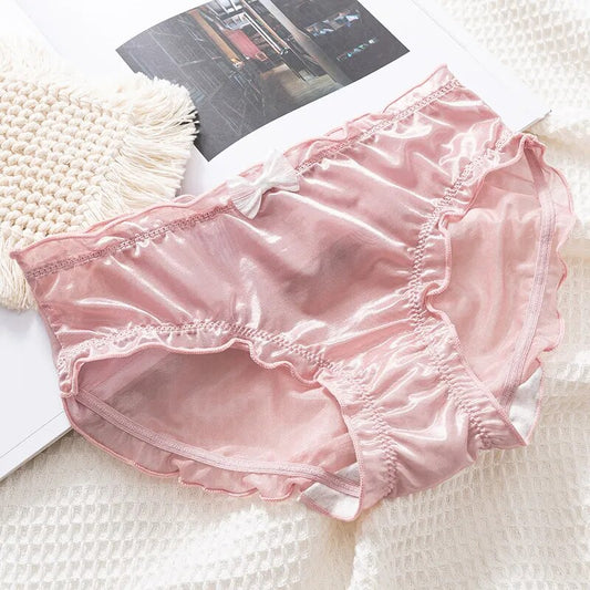 Satin Ice Silk Ruffles Cute Lovely Sweety Women Solid Bow Panties High Elasticity Transparent Low Waist Underwear Breifs