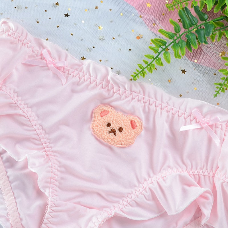 4XL Large Size Women Cute Lovely Sweety Japanese Style Lolita Panties Bear Embroidery Soft Ruffles Underwear