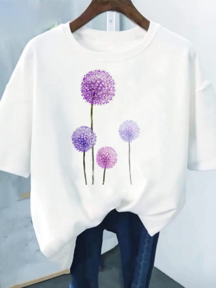Flower Print Fashion Plant Trend Lovely Style Short Sleeve Women Graphic Tee Summer T Clothing Female Clothes Casual T-shirts