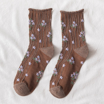 Korean Fashion News Floral Print Women's Socks Harajuku Vintage Streetwear Crew Socks Japanese Kawaii Cute Cotton Long Sock