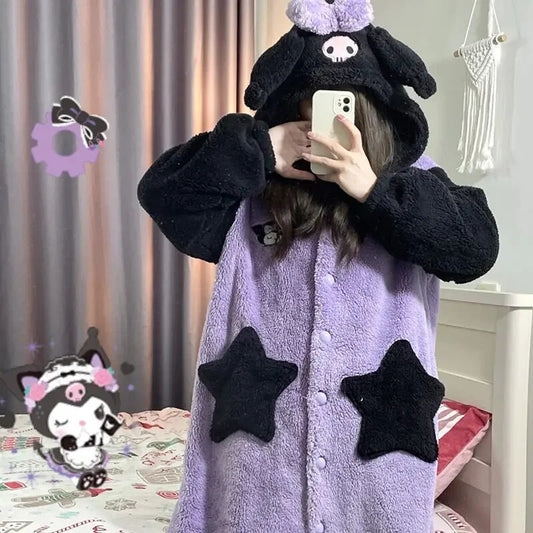 Kawaii Sanrio Kuromi Cinnamoroll My Melody Plush Loungewear Women's Pajamas Robe Hooded Cute Pajamas Plush Long Nightgown Gift