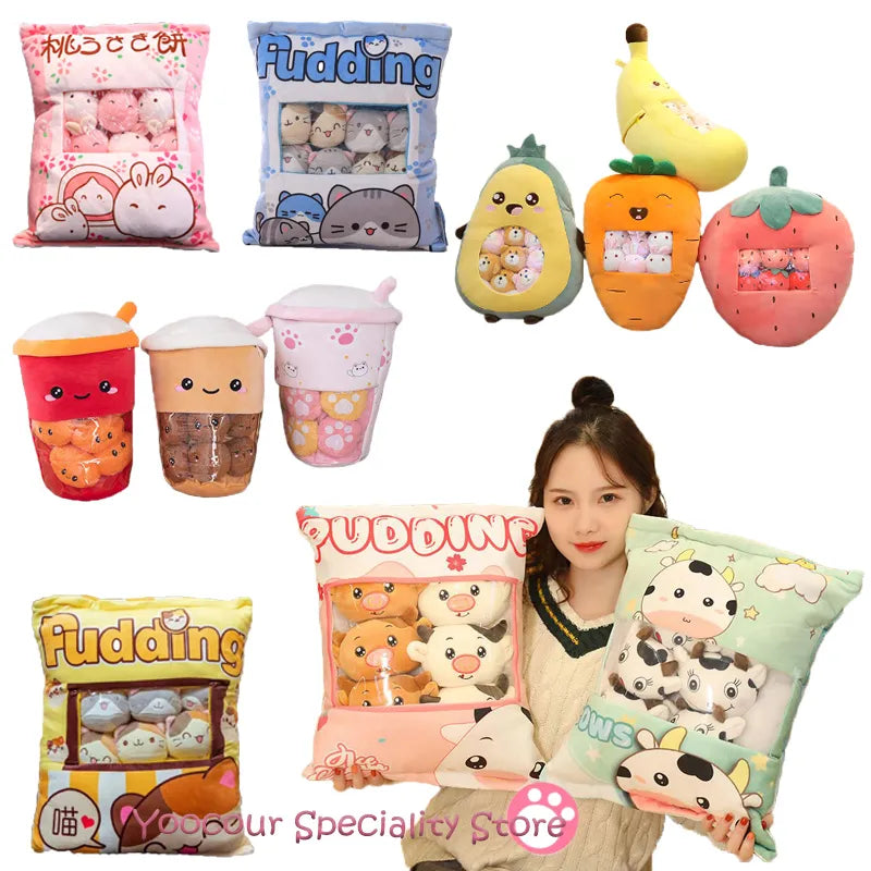 Pudding Bag Food Toy Mini Animals Balls Yellow Chick Cat Dinosaur Pink Bunny 8 Pcs Snack Zipper Bag Decor Pillow Cushion Girls
