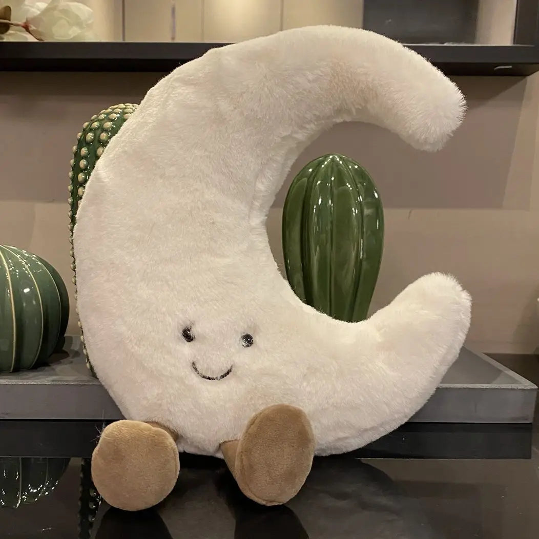 Adorable Smile Face White Moon Yellow Sun Plushie Stuffed Cute Cartoon Weather Plush Toy for Kid Bedroom Decor Sofa Throw Pillow