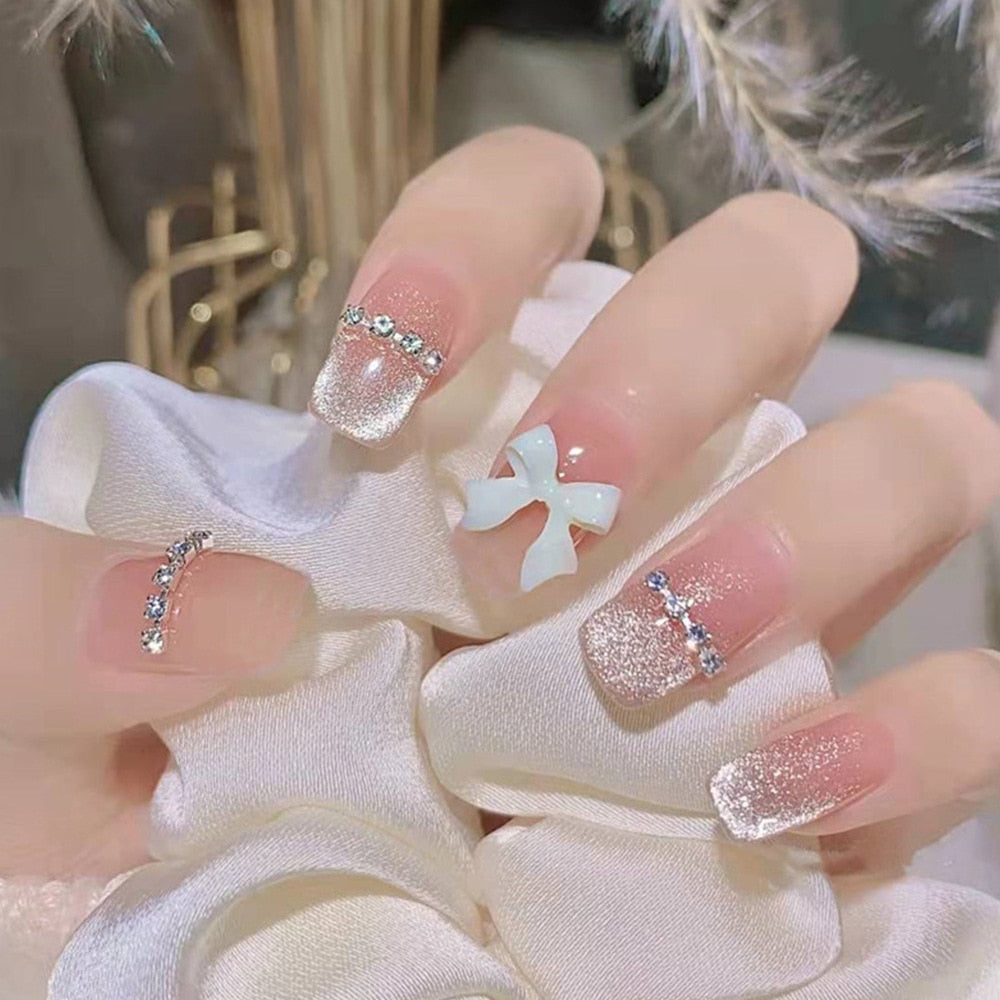 24Pcs Pink Ballet False Nails Long Coffin with Rhinestone Love Heart Wearable Fake Nails Full Cover Press on Nails Tips Glitter