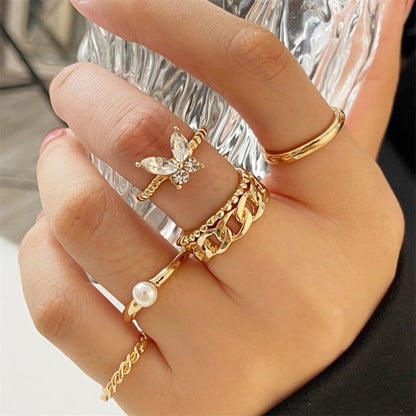 Vintage Punk Butterfly Tassel Chain Ring With Bracelet Link Wrist Chain Finger Rings For Women Flower Pearl Zircon Ring Jewelry